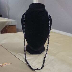 Black Hematite Stone & Seed Beaded Necklace 19"
